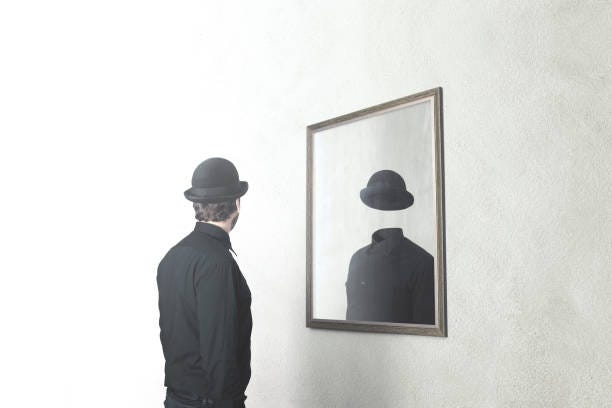 Identity Absence Surreal Concept Man In Front Of Mirror Reflecting Himself  Without Face Stock Photo - Download Image Now - iStock