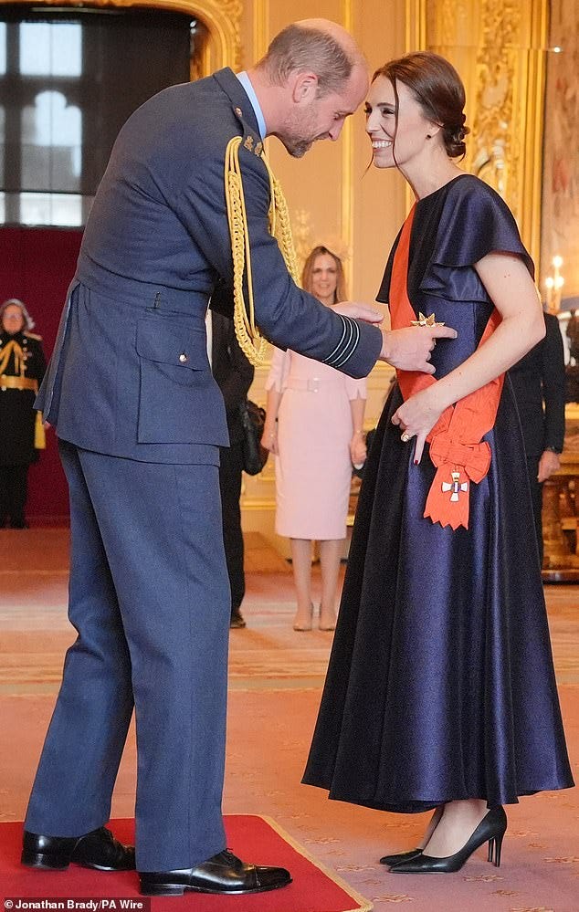 Prince William (pictured, left) was the royal handing out the honours, and his friendship with Jacinda (pictured, right) was on full show as the two interacted, smiling during the event