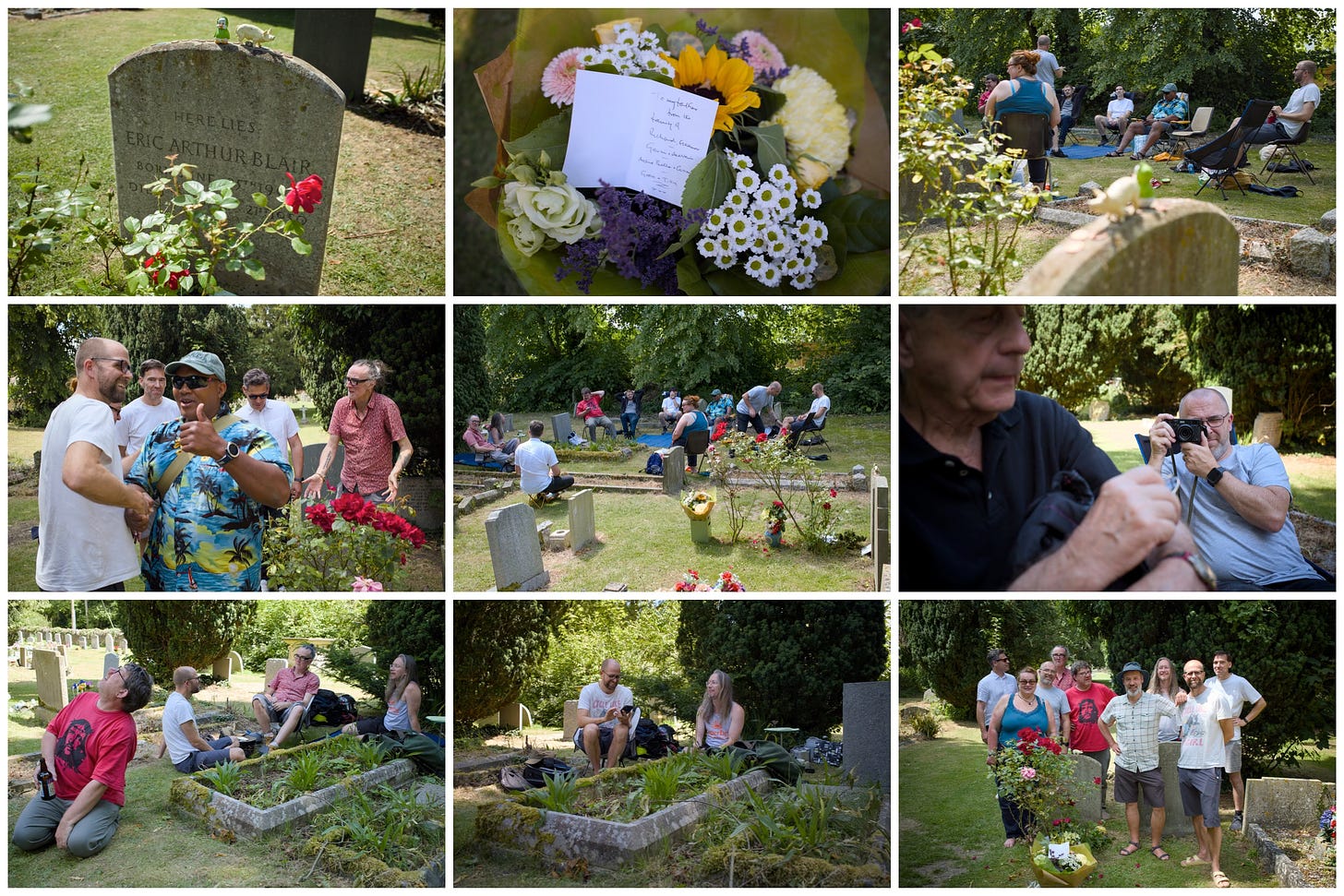 A montage of nine images of people chatting and enjoying each other's company in a graveyard.