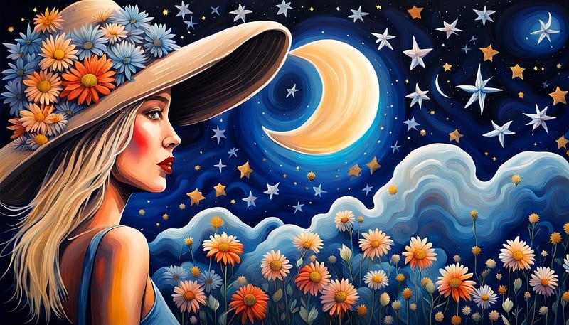 A Lady in flowery hat beneath starlit sky