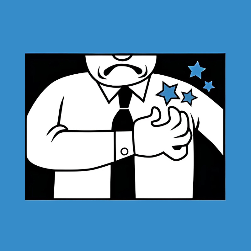 Cartoon of a man in a dress shirt and tie clutching his chest with one hand, stars radiating outward to indicate pain. The background is black, bordered in blue.