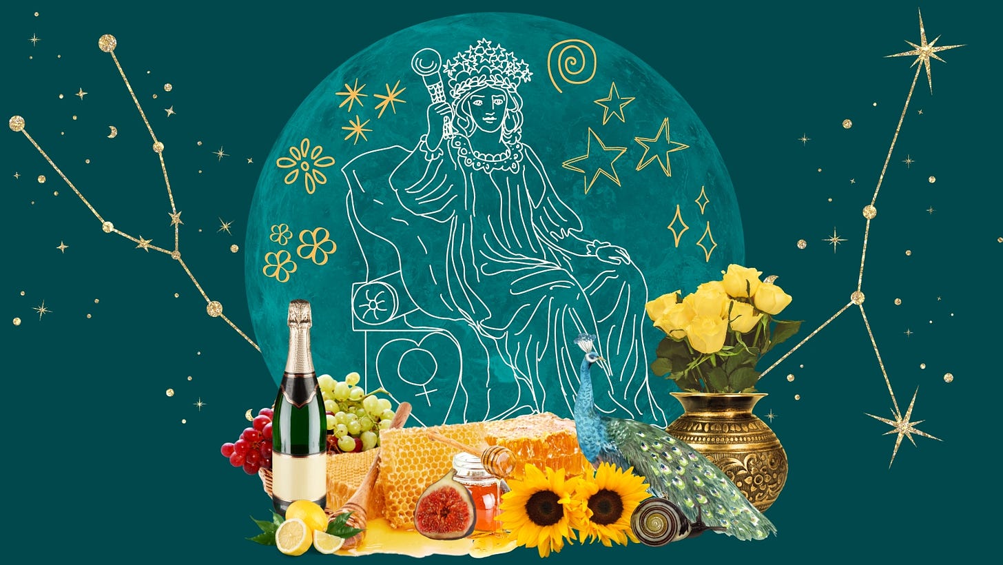 A rich collage dedicated to Juno, including various items given to Her as offerings such as grapes, champagne, lemons, honey, sunflowers, and yellow roses.