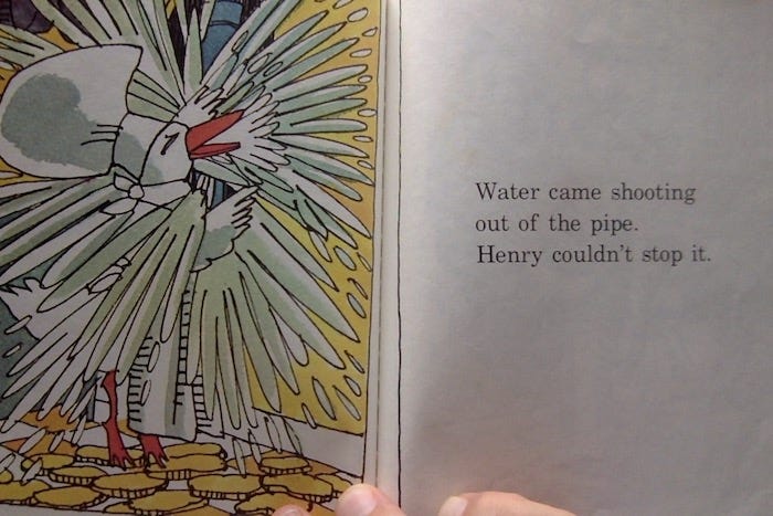 A drawing of a white duck wearing a white chef's cap standing on tip-toe, trying to close off a massive leak in a water pipe in his kitchen.