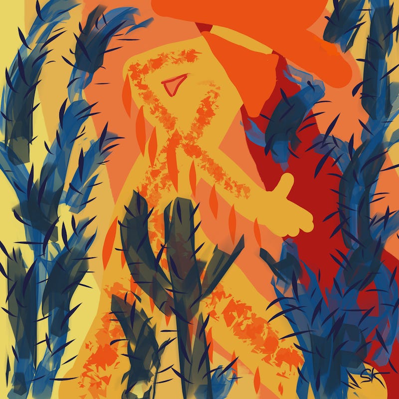 Abstract painting by Sherry Killam Arts with bold hot colors in shapes suggesting a masked cowboy among blue cacti against a red orange background.
