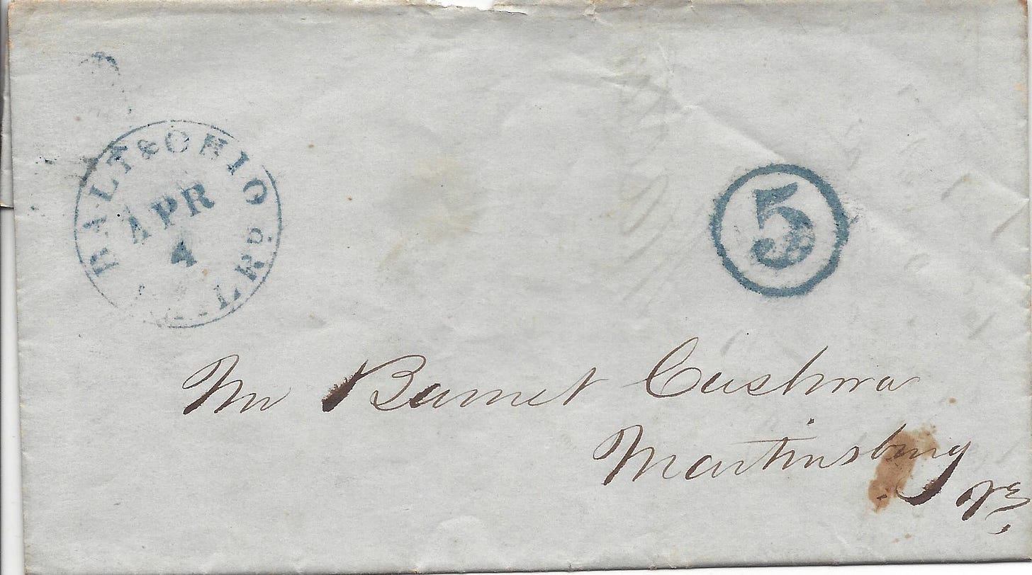 1849 folded letter mailed on Baltimore and Ohio Railroad