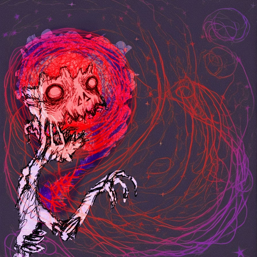 illustration of a zombielike creature with energy swirling around its chest and head and mouth on a dark purple/blue background with red thread and stars swirling around