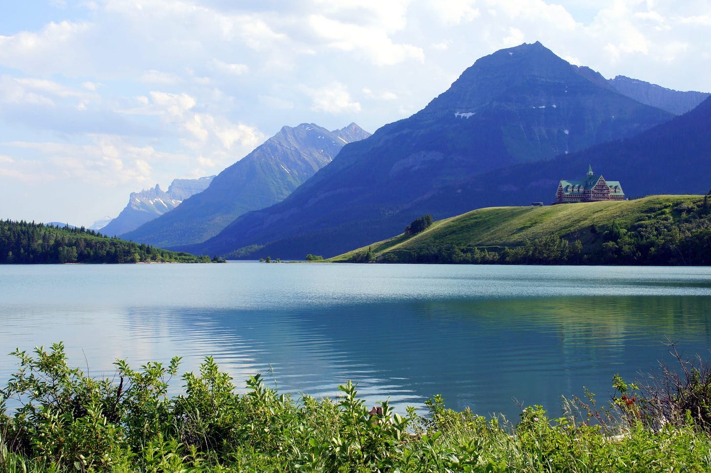 The lovely Waterton Lake and the Prince of Wales Hotel on its shore. We opted for a free basement at a host's instead!