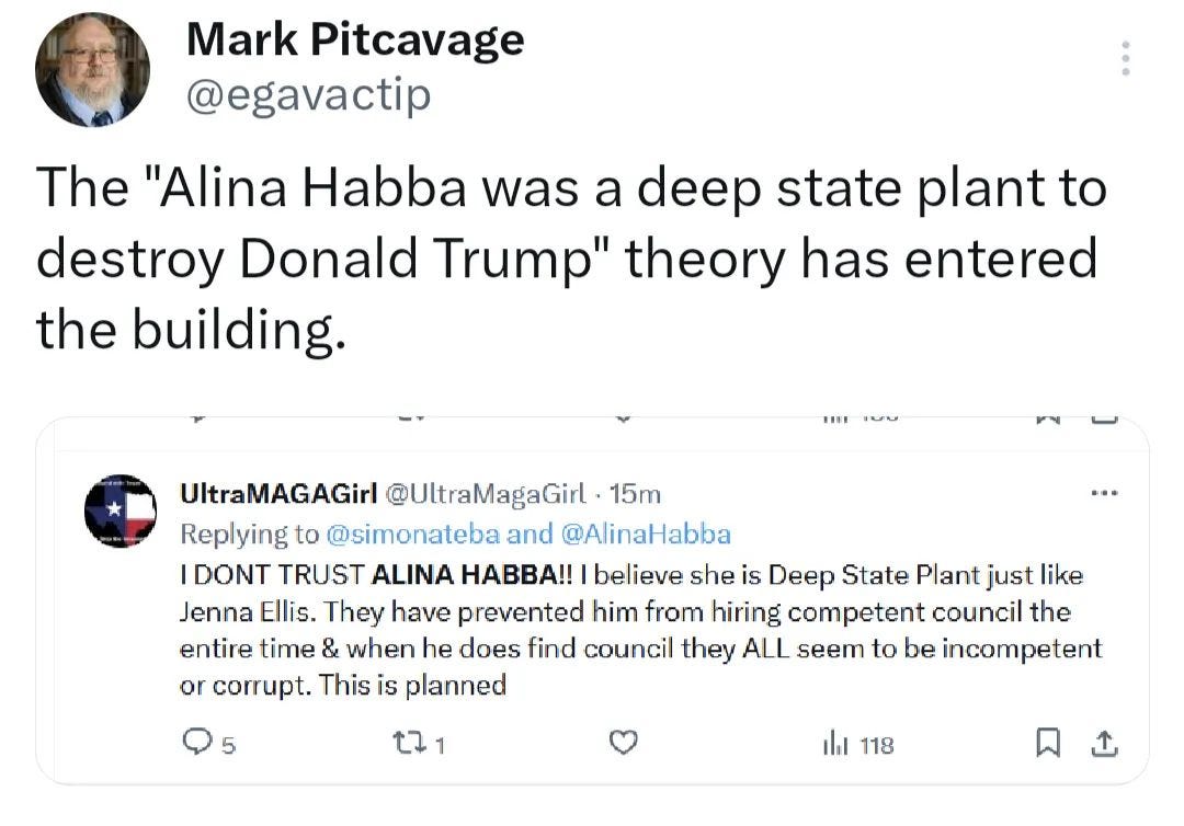 Photo by George Conway on January 31, 2024. May be a Twitter screenshot of 1 person and text that says 'Mark Pitcavage @egavactip The "Alina Habba was a deep state plant to destroy Donald Trump" theory has entered the building. ·· UltraMAGAGirl @UltraMagaGirl 15m Replying to @simonateba and @AlinaHabba IDONT TRUST ALINA HABBA!! believe she is Deep State Plant just like Jenna Ellis. They have prevented him from hiring competent council the entire time & when he does find council they ALL seem to be incompetent or corrupt. This is planned 5 t7 1 ill 118'.
