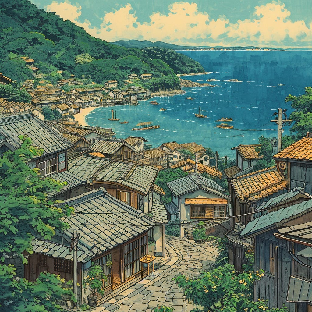 A Town with an Ocean View (Joe Hisaishi) included in the Spotify Playlist was the prompt for Midjourney.