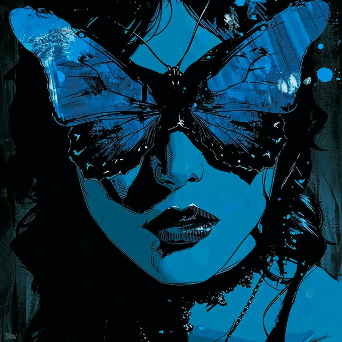 evil villainess supervillain, blue butterfly mask, seductive, comic noir --v 6