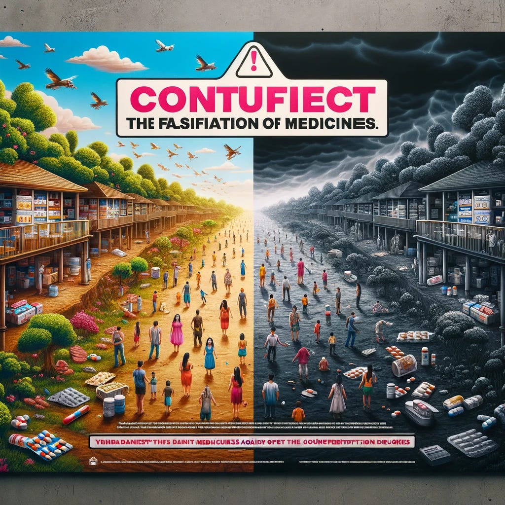 An informative and compelling digital poster highlighting the dangers of counterfeit medication. The poster features a split design: on one side, there's a healthy, vibrant community with people of various descents living happily, and on the other side, a depiction of the negative effects of counterfeit drugs, showing a desolate and unhealthy environment. The poster includes a bold warning message against the falsification of medicines in the center, written in a striking font. The overall tone of the image is serious and educational, aimed at raising awareness about the risks associated with counterfeit drugs.