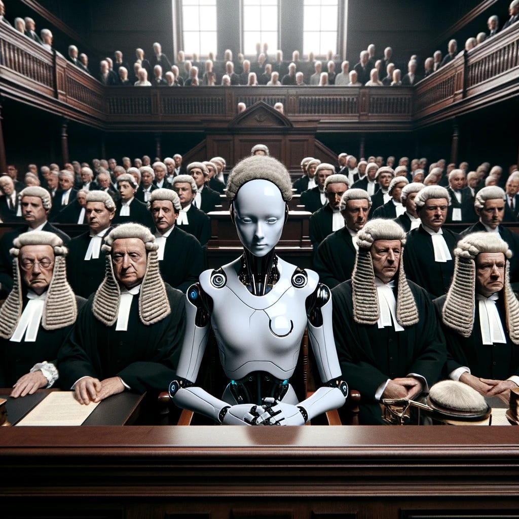A robot sitting in a courtroom

Description automatically generated