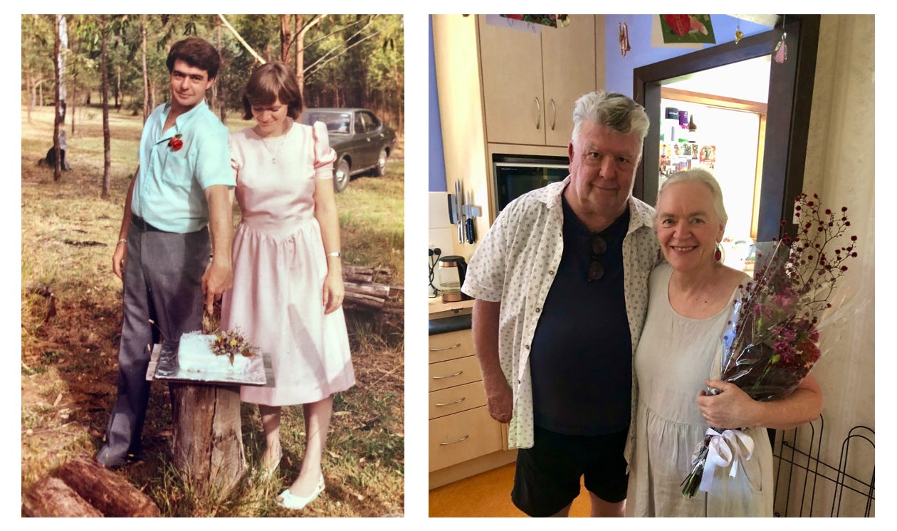 A young couple on their wedding day and forty years later