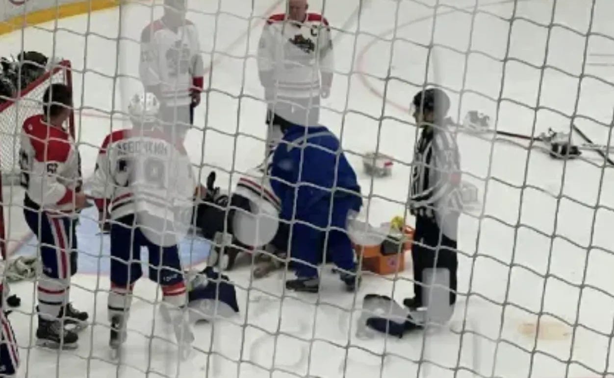Disturbing incident breaks loose after goaltender dies during warmup