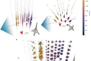 a, Side and top views of the event. The reconstructed trajectory of the muon is shown as a red line, along with an artist’s representation of the Cherenkov light cone. The hits of individual PMTs are represented by spheres stacked along the direction of the PMT orientations. Only the first five hits on each PMT are shown. As indicated in the legend, the spheres are coloured according to the detection time relative to the first triggered hit. The size of the spheres is proportional to the number of photons detected by the corresponding PMT. The locations of the secondary cascades, discussed in the Supplementary Material, are indicated by the black spheres along the muon trajectory. The north direction is indicated by a red arrow. A 100-m scale and the Eiffel Tower (330 m height, 125 m base width) are shown for size comparison. b, Zoomed-in view of the optical modules that are close to the first two observed secondary showers in the event. Here light-blue spheres represent hits that arrive within −5 to 25 ns of the expected Cherenkov arrival times.