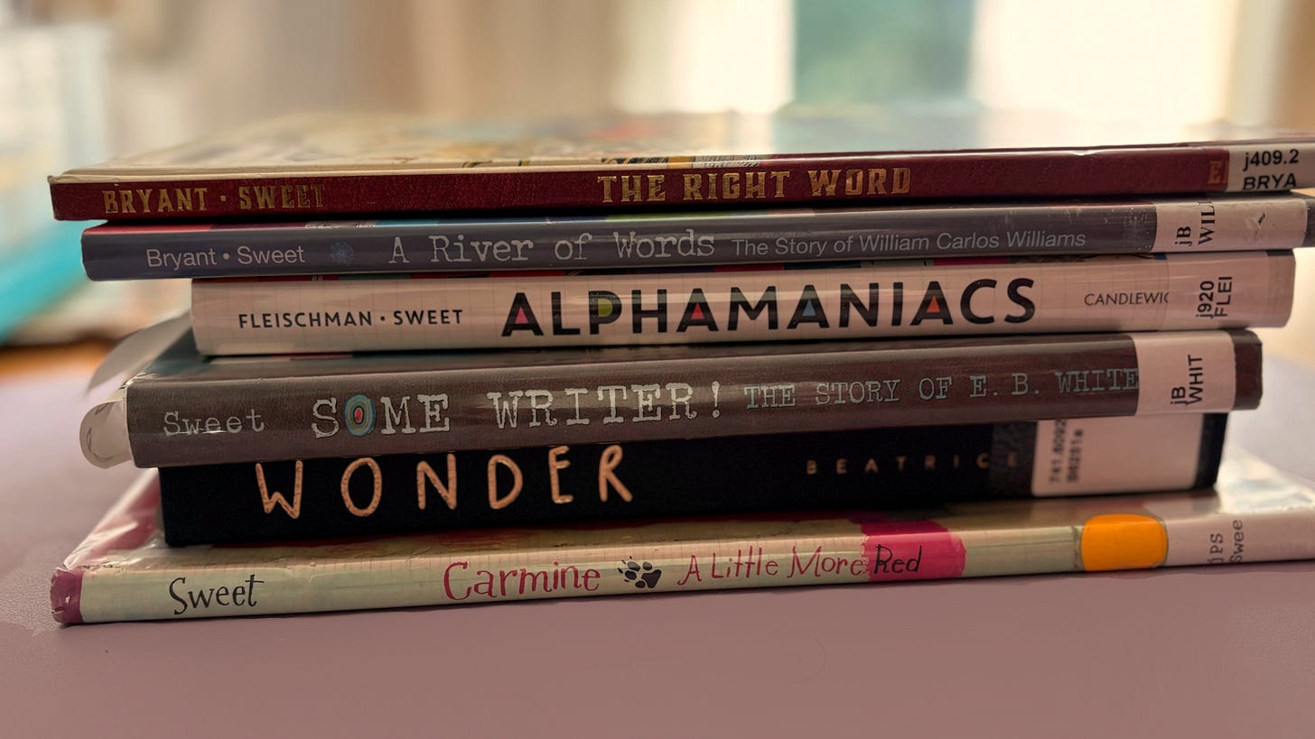 A stack of books illustrated by Melissa sweet and others