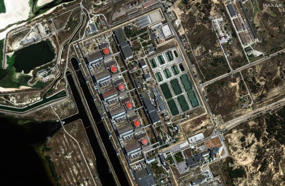 Satellite imagery from July shows the Zaporizhzhia nuclear power plant and it's six uranium-fueled reactors, currently in a cold shutdown.  (Maxar)