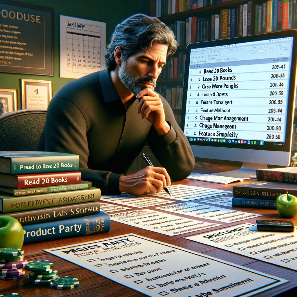A photorealistic image of a middle-aged Hispanic male sitting at a desk, reflecting on personal and professional goals for the new year. The desk is covered with lists, one detailing personal goals like 'read 20 books' and 'lose 50 pounds,' and another with professional ambitions such as 'execute more tests,' 'change management,' and 'feature simplicity.' A calendar showing January of the new year is placed nearby. The man is pensively holding a pen, looking at the lists, surrounded by books on software and change management. On the computer screen, there's a display of a 'Product Party' newsletter. The scene is rich in detail, capturing a moment of planning and aspiration in a photorealistic style.