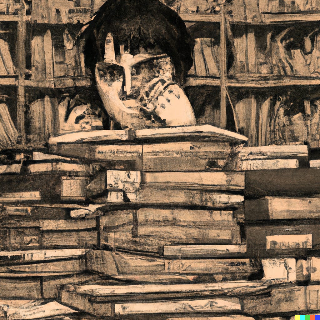 “a writer covered almost totally covered by books, digital art / DALL-E”