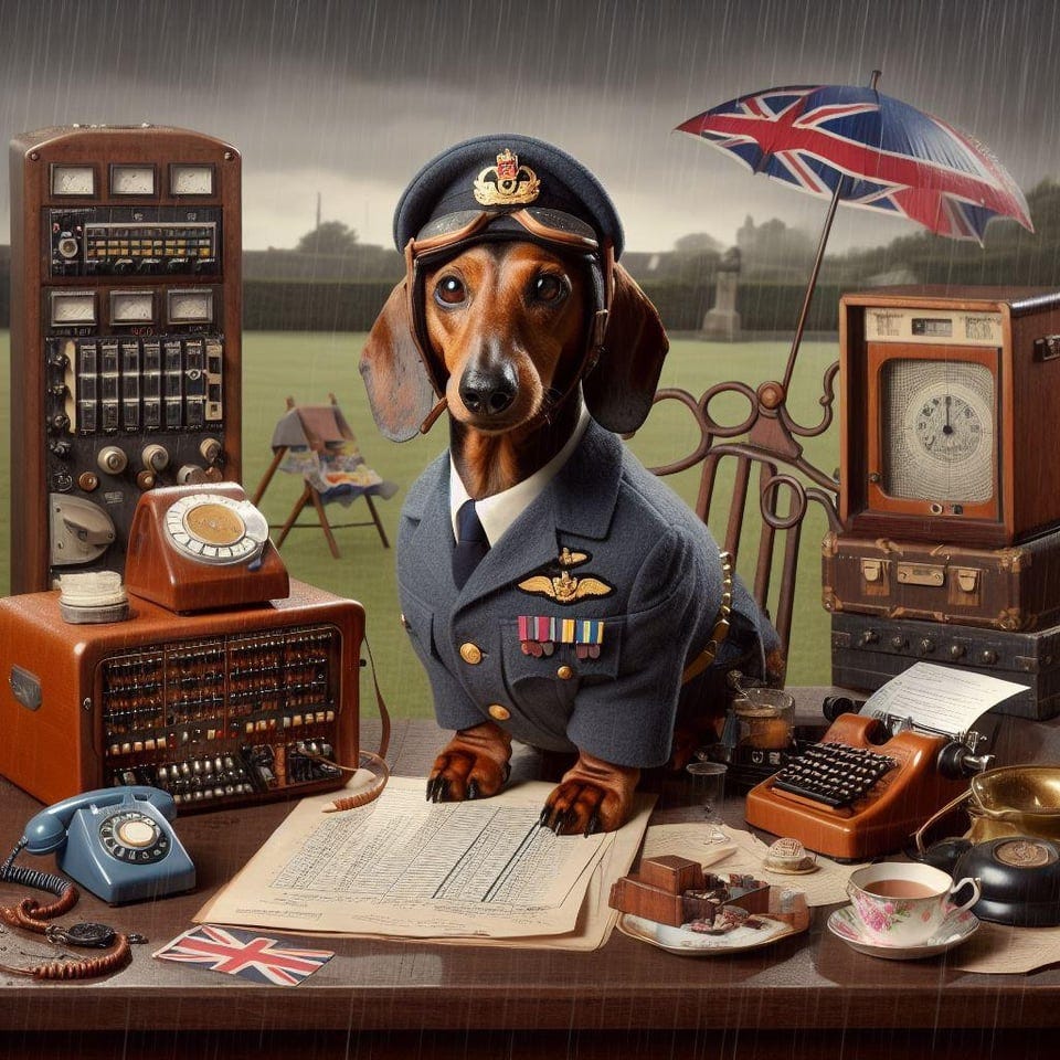 r/weirddalle - Vintage BBC series about heroic RAF dachshunds and hamsters cracking the Enigma codes over tea and scones during a rainy croquet match in 1943