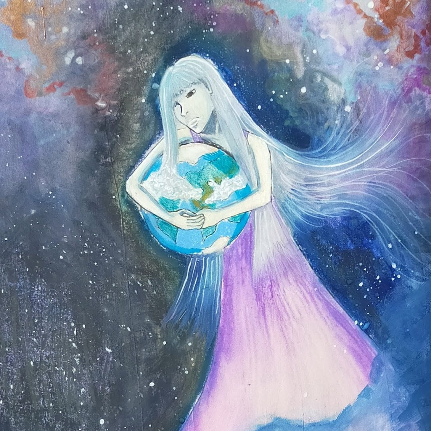 Illustration of a silver skinned woman with long grey hair enfolding the planet earth in her arms while behind her galaxies swirl.