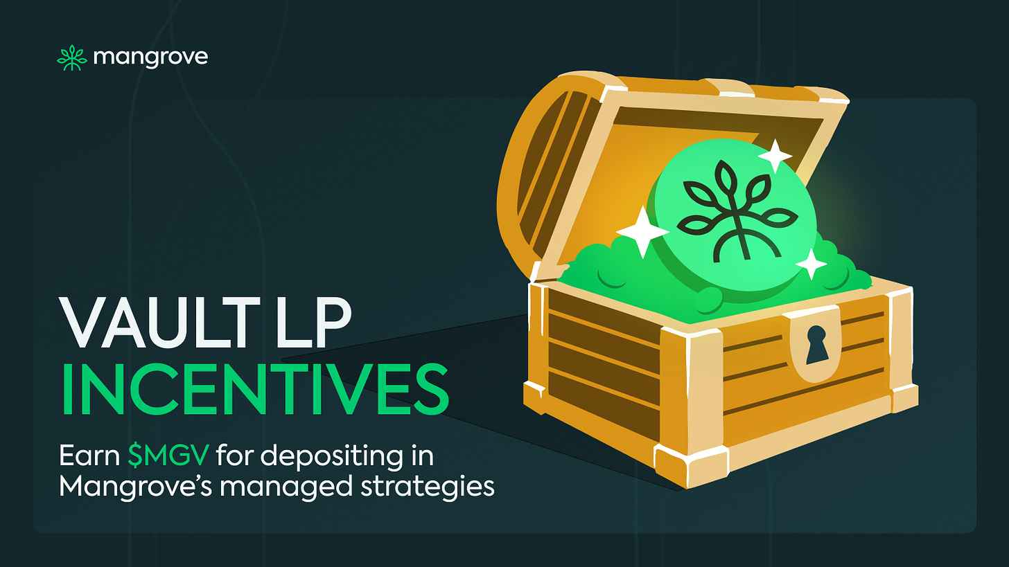 A promotional graphic from Mangrove showcasing Vault LP incentives. It features a treasure chest filled with green tokens bearing the Mangrove logo, symbolizing rewards. The text highlights earning $MGV tokens for depositing into Mangrove's managed strategies, set against a sleek dark background with the Mangrove logo in the top-left corner. 