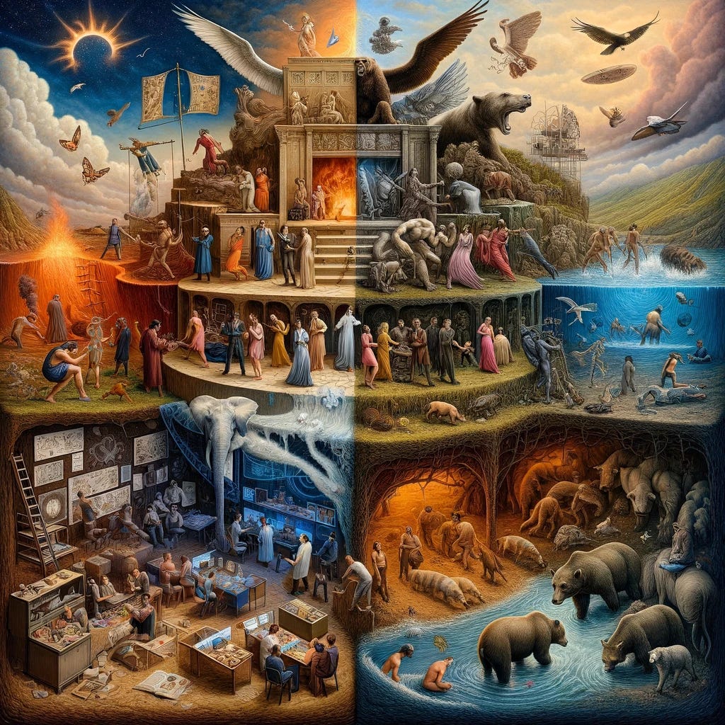 An evocative and layered image interpreting the concept of mimesis in human development, contrasted with the utilitarian nature of animals. The scene is split into two parts. On one side, humans are engaged in activities driven by stories, myths, and creeds: people arguing, creating art, worshipping, and in conflict, all under grand symbols or storybook elements, displaying intense emotions. On the other side, animals in their natural habitats engage in practical, survival-oriented tasks, depicted as calm and focused, embodying rationality and utility. The contrast highlights the unique human capacity for creating and being consumed by narratives, versus the straightforward existence of animals. The image provokes thought about the dual nature of human imagination and reason, and its impact on behavior and society.