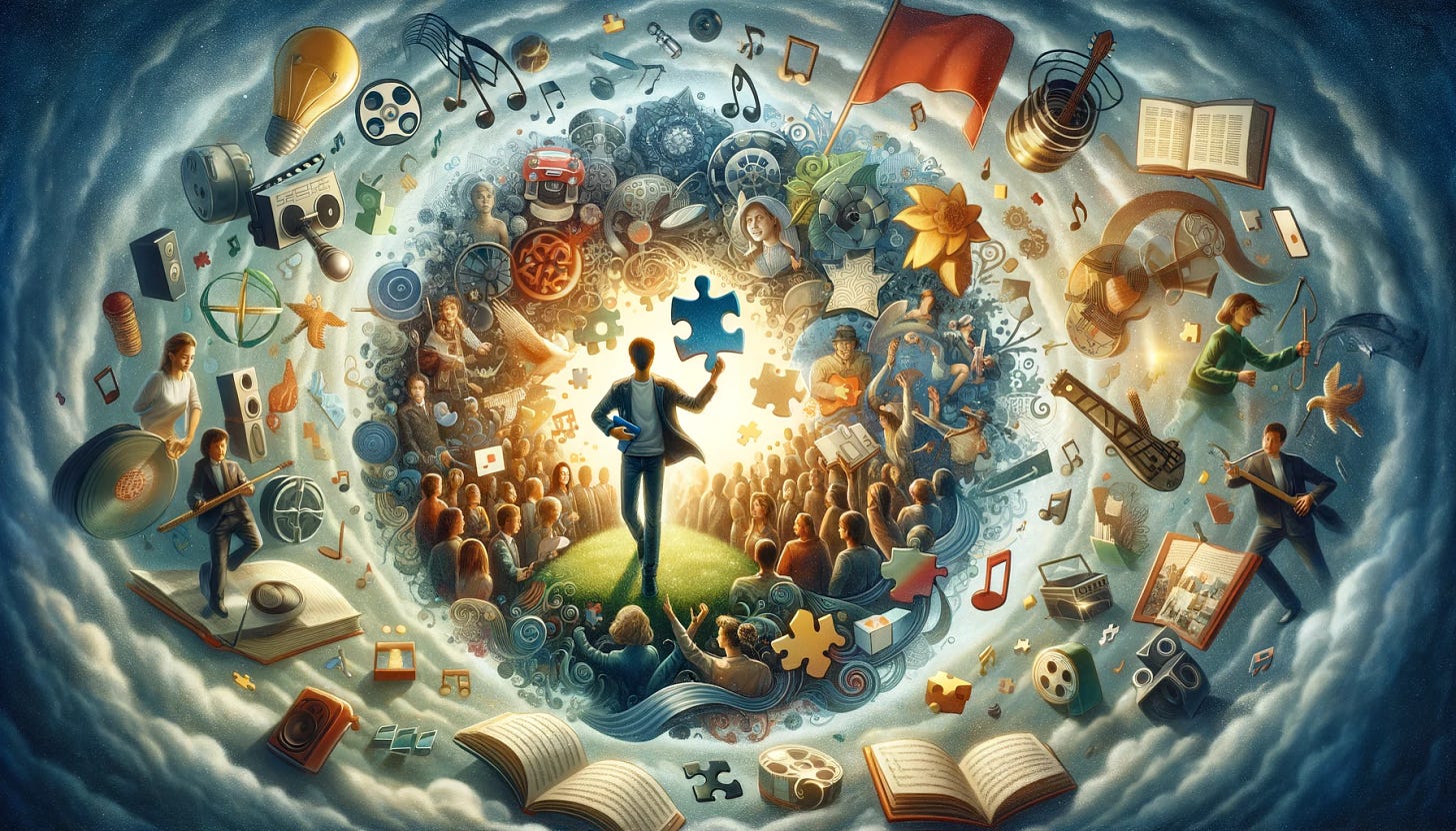 A hero image for a blog post about the importance of context in introducing someone to new cultural experiences. The image depicts a person in the center, surrounded by a whirl of cultural symbols - music notes, film reels, books, and art pieces. This person is holding a puzzle piece, representing the idea of finding the right 'context' to connect with someone else's experiences. Around them, various other people are also holding puzzle pieces, illustrating the different contexts they bring to their understanding of culture. Some pieces fit together, showing successful connections, while others are mismatched, symbolizing the challenge of finding the right context. The background is a collage of different cultural scenes, like a concert, a movie theater, and a library, representing the vastness of cultural experiences. The overall mood is dynamic and thought-provoking, emphasizing the complexity and richness of cultural context in sharing passions and experiences.