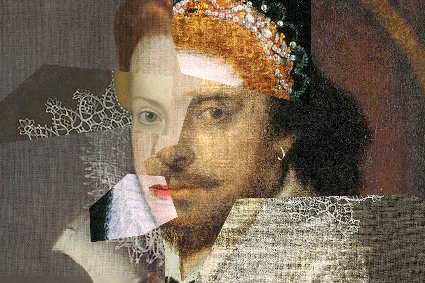 A collage of Shakespeare's face is composed of pieces of all kinds of other portraits including historical women.