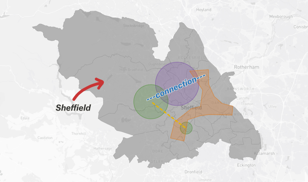 A static map of Sheffield with overlapping shapes across it to represent the sort of things that might happen as part of this project.