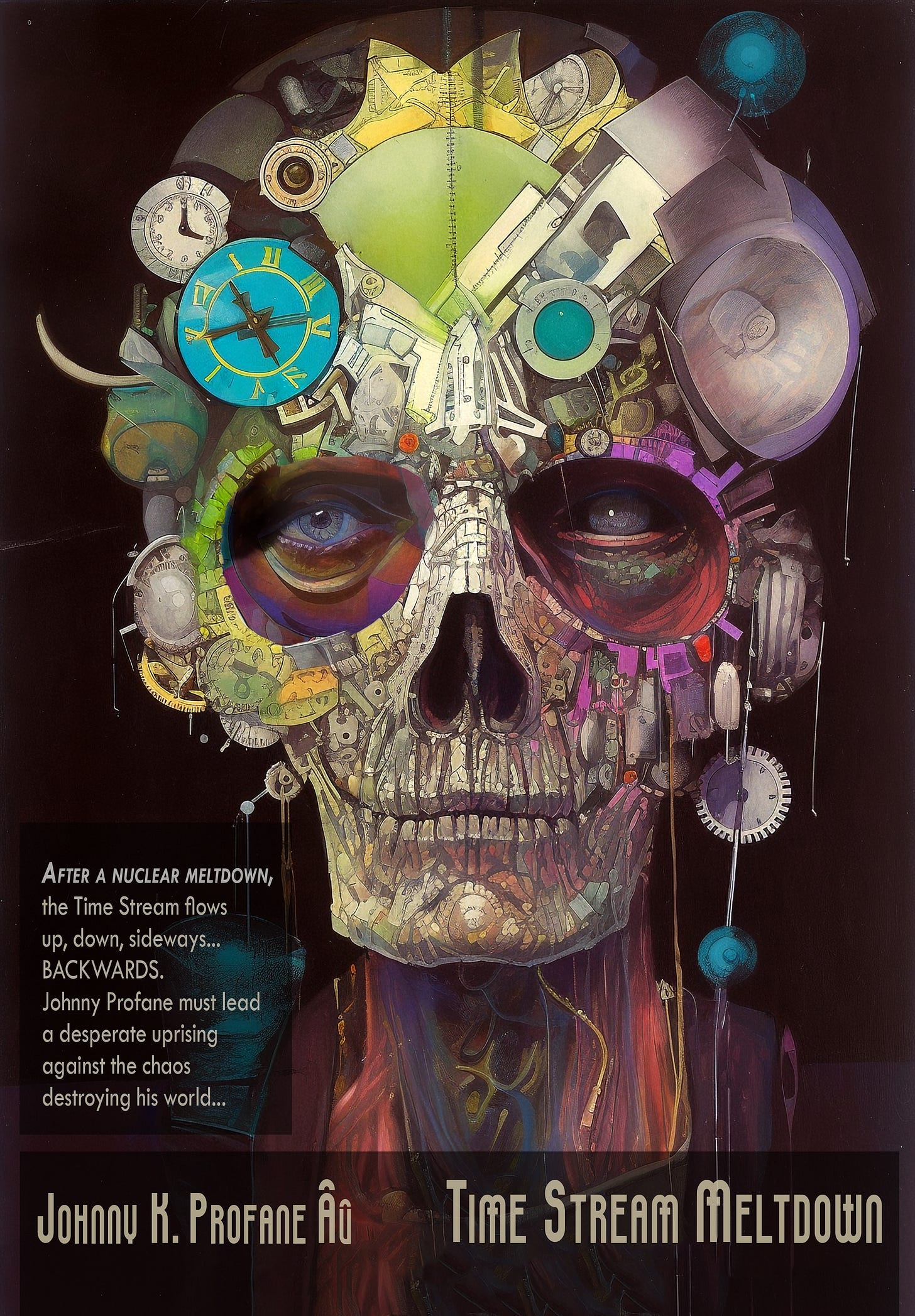 A surreal book cover for "Time Stream Meltdown" by Johnny K. Profane Âû. The central image is a vivid, colorful skull composed of clocks, gears, and scientific instruments. The skull's eyes are mismatched and expressive, suggesting a distorted perception of reality. The artwork blends elements of steampunk, psychedelia, and anatomical illustration. Text on the cover reads: "After a nuclear meltdown, the Time Stream flows up, down, sideways... BACKWARDS. Johnny Profane must lead a desperate uprising against the chaos destroying his world..." The image powerfully conveys the autistic experience of time as chaotic and overwhelming, echoing themes from "Every Clock is a Handgun Pointed at My Head." The skull's composition of timepieces suggests how time can consume and define one's existence. The vibrant colors and intricate details reflect sensory intensity and hyperfocus. This visual metaphor captures the feeling of being trapped in a world where time is both oppressive and unpredictable, resonating with the autistic experience of temporal perception.