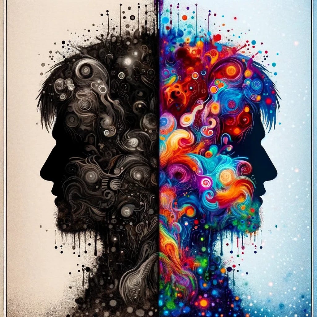 An insightful illustration that highlights the shift in perception based on an individual's thoughts and beliefs. The image features two silhouettes of the same person side by side. The first silhouette is filled with vibrant colors and patterns, symbolizing the initial attraction to their physical appearance. The second silhouette, in contrast, is depicted with dark, murky colors and chaotic patterns, representing the diminished attractiveness upon discovering negative or narrow-minded thinking. This visual metaphor captures the essence of how an individual's mindset can significantly alter their perceived attractiveness, emphasizing the importance of inner qualities such as kindness, empathy, and open-mindedness in forming lasting impressions and connections.