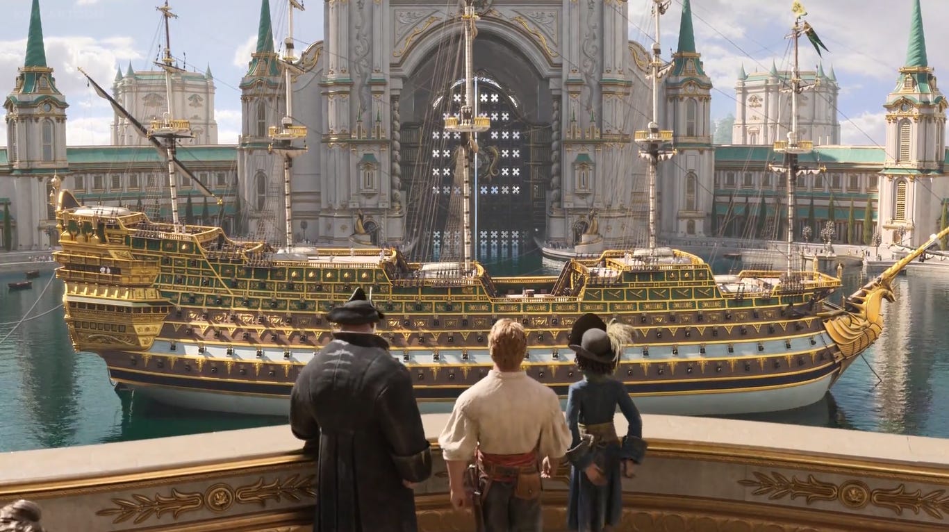Screenshot showing Jacob, Crow and Sarah Sharpe looking out from the castle balcony, at The Imperialist anchored below.