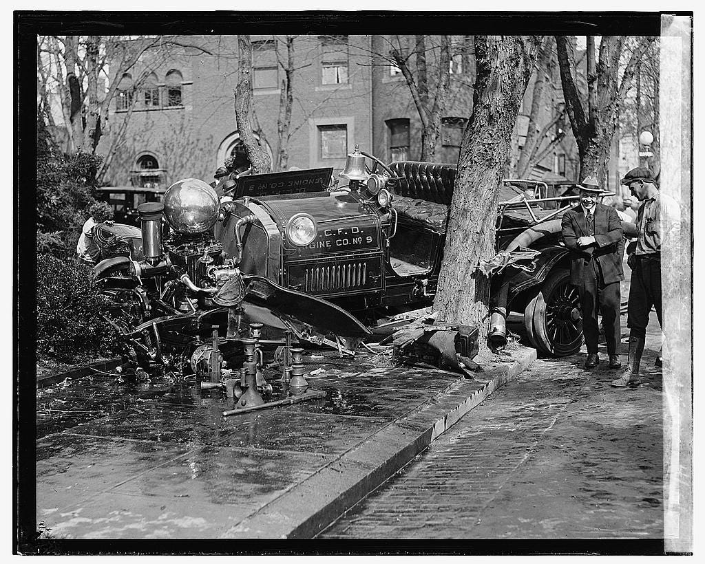 Fire engine wreck (that guy looks way too amused), 1922