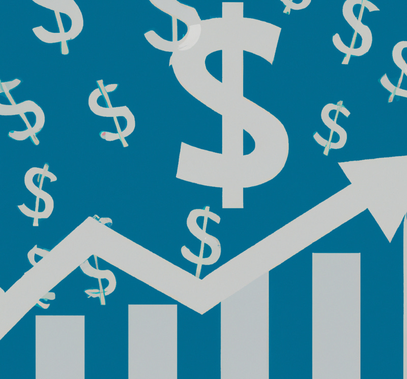 Dollar signs over a bar chart going up, baby blue background. How I made $91 per hour writing on Medium in my fifth month.