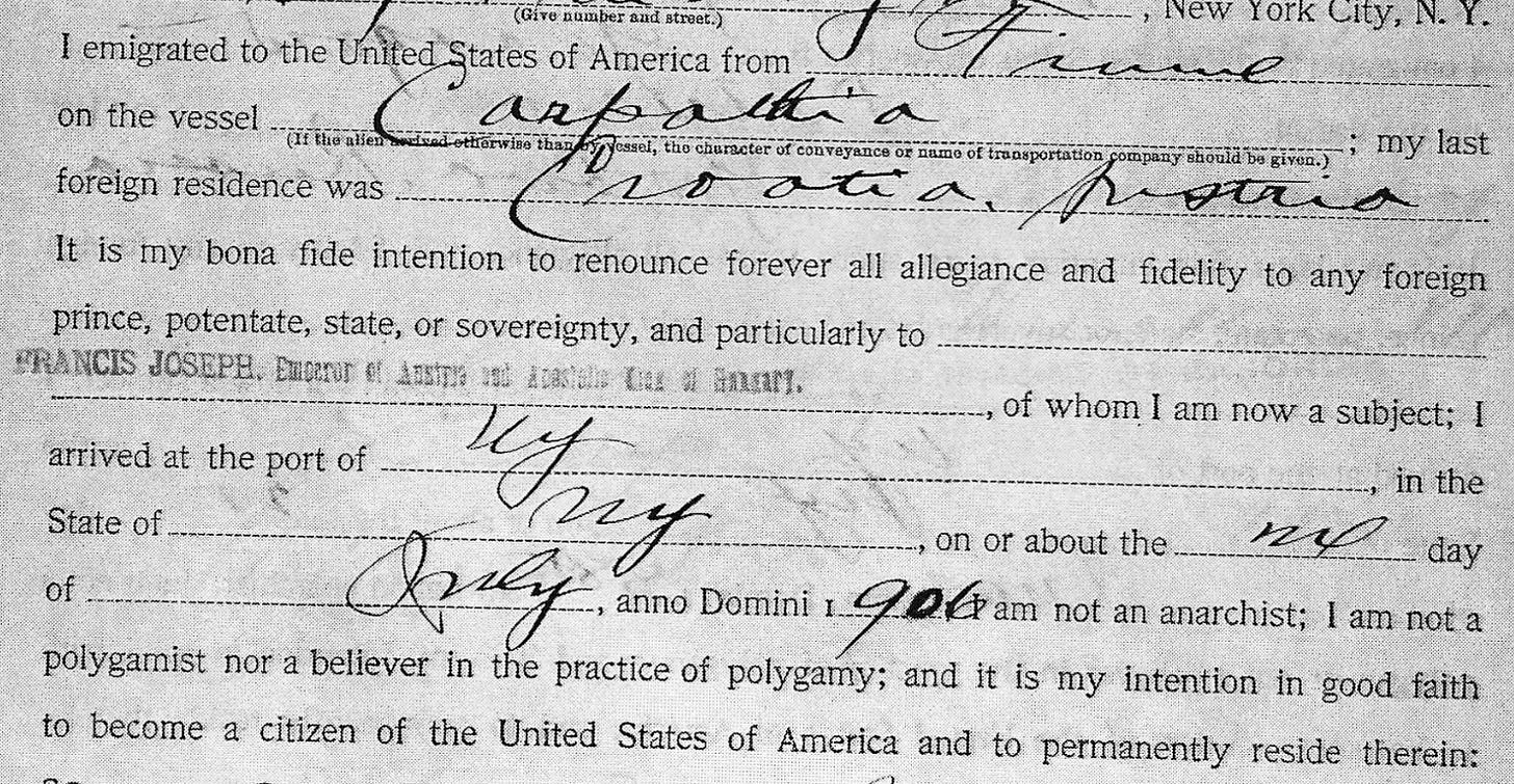 A scan of my great-grandfather's Declaration of Intent