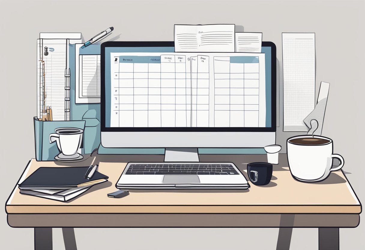 A desk with a neatly organized planner, a laptop open to a goal-setting article, and a cup of coffee. A chart on the wall shows progress towards a goal