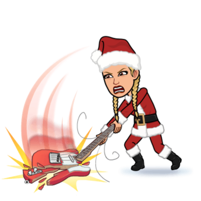 Bitmoji of the author in a Santa suit smashing her electric guitar on the ground. Rawr.