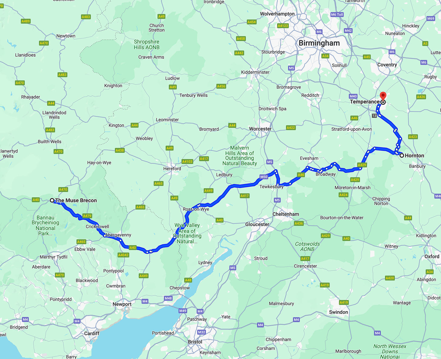 Map showing the route from Brecon to Leamington Spa