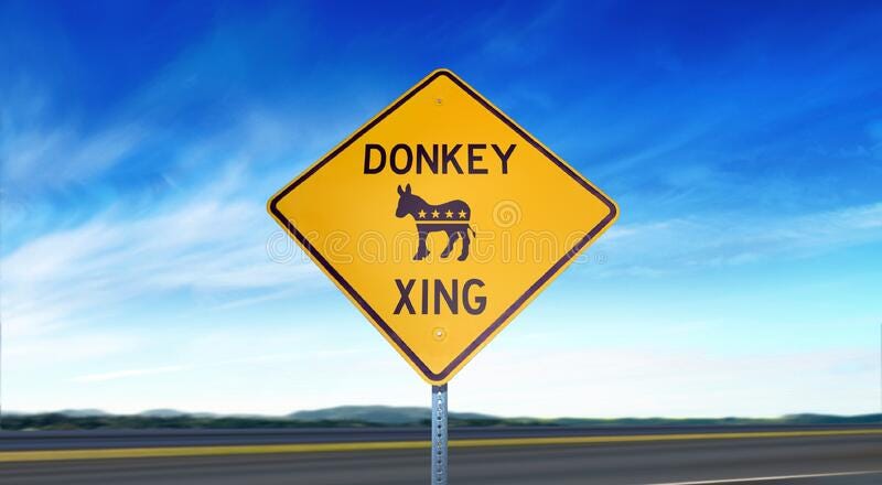 Democratic Donkey Crossing Symbol - Yellow Road Sign Isolated on Sky Background with Room for Copy. Liberal Democrat Party Xing Icon on Diamond shaped traffic royalty free stock image