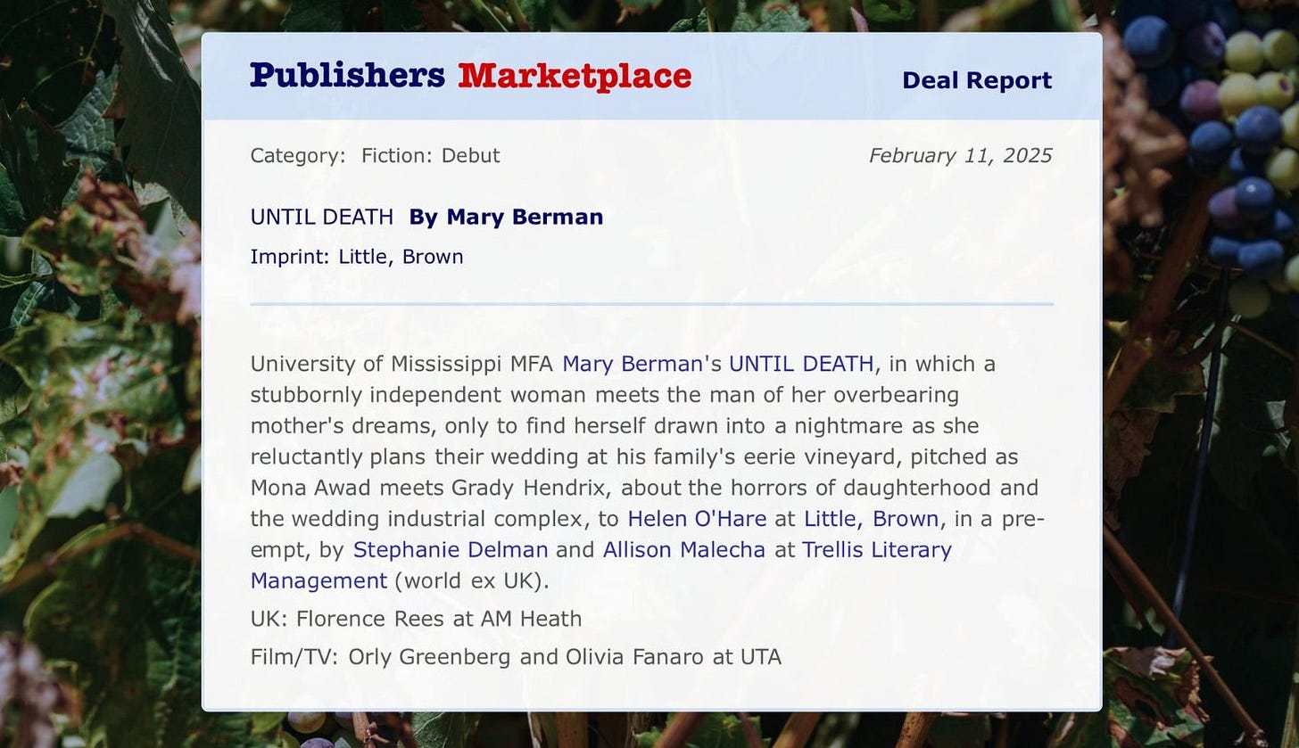 Publisher's Marketplace announcement for Mary Berman's novel UNTIL DEATH
