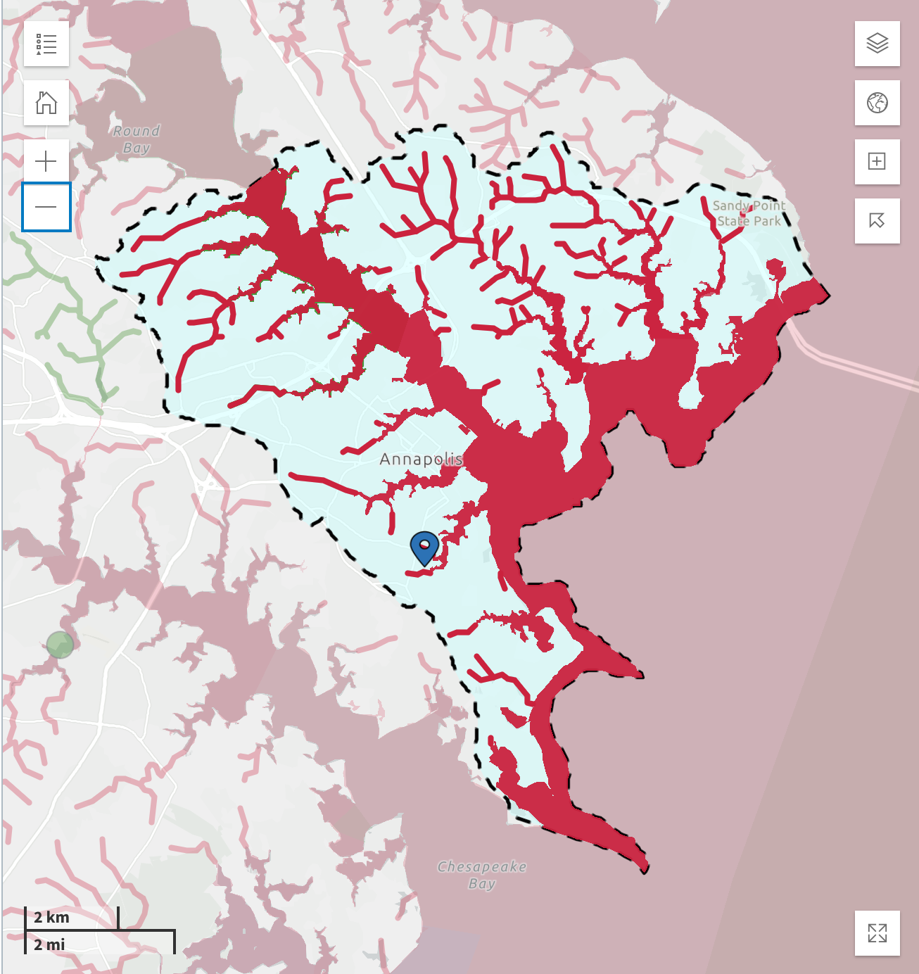 Watershed map where the central river and all the tributary streams are red
