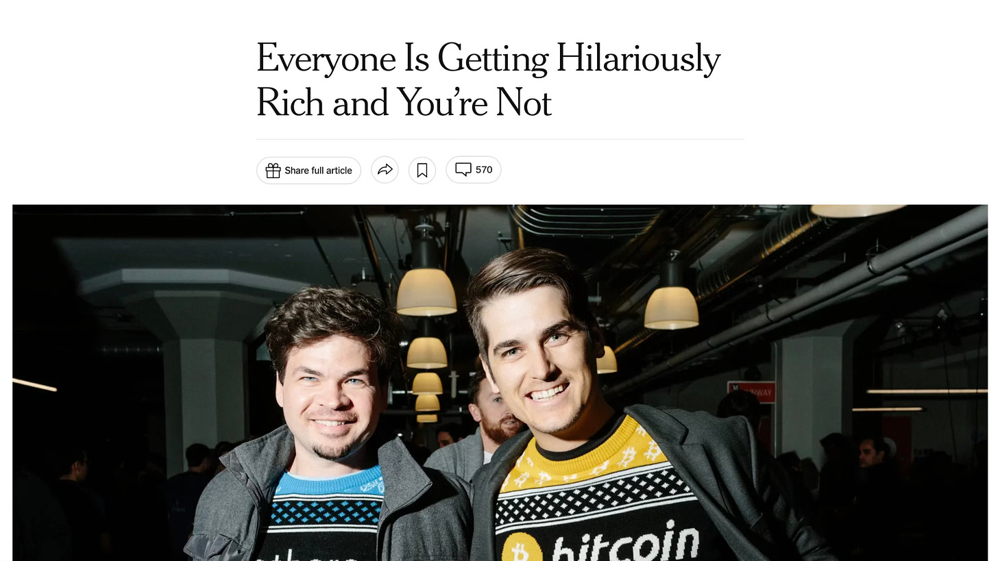 Screenshot of New York Times with the headlines "everyone is getting hilariously rich and you're not"