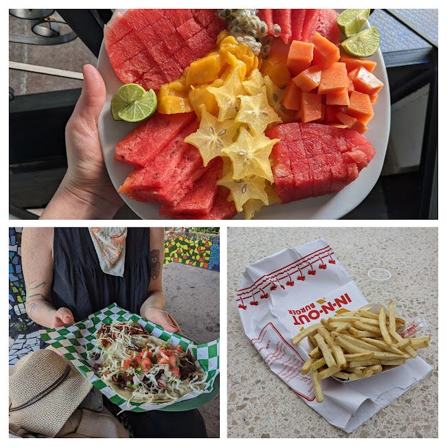 photo trio of fresh fruit, tacos and french fries