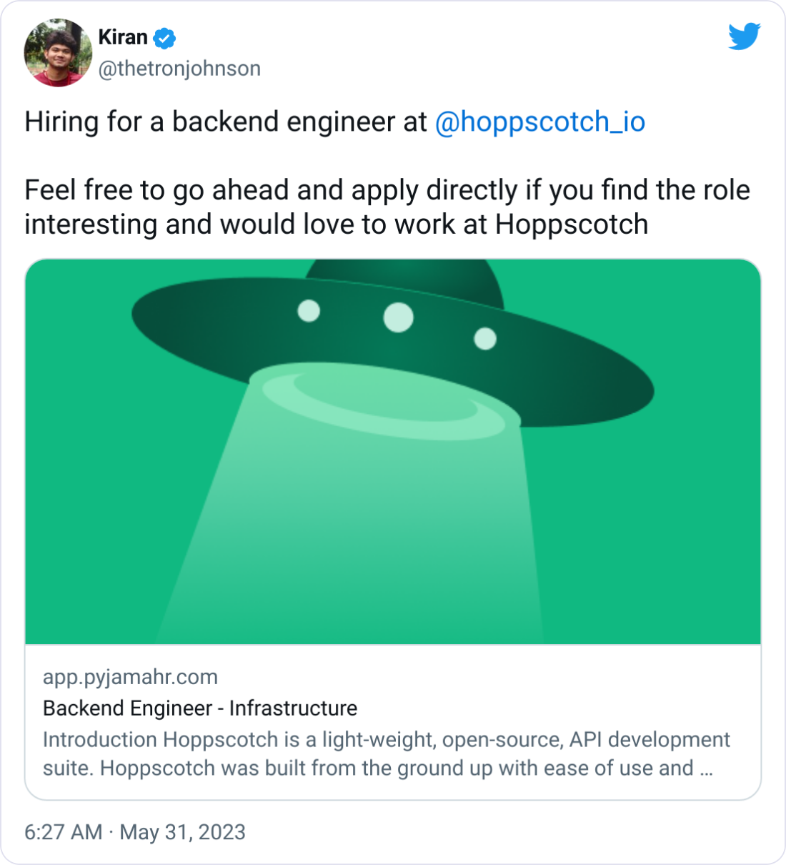 Kiran @thetronjohnson Hiring for a backend engineer at  @hoppscotch_io   Feel free to go ahead and apply directly if you find the role interesting and would love to work at Hoppscotch