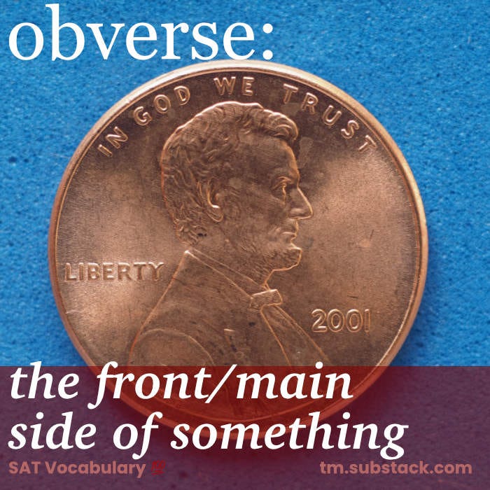 Close-up photo of a penny's heads side (obverse) showing Lincoln's profile; used to illustrate the SAT word 'obverse'.