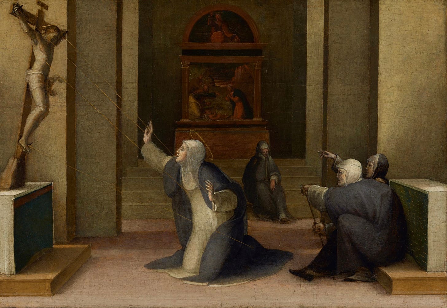 Catherine of Siena in black and white robe in front of Crucifix receiving stigmata