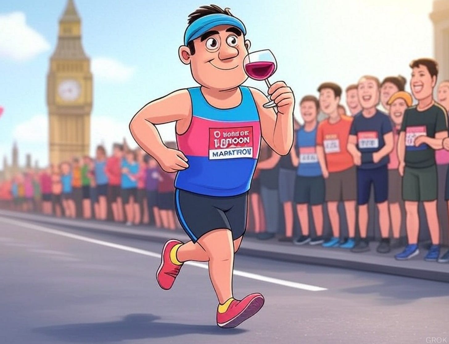 A cartoon of a person running with a glass of wine

Description automatically generated