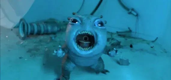 This image from "The Tsuranga Conundrum" (Doctor Who Series 11's fifth episode) shows the Pting, a space-dwelling creature that eats metal to sustain itself, shrieking in anger when interrupted by the offscreen Doctor from munching metal components of the hospital ship Tsuranga. This image from "The Tsuranga Conundrum" (Doctor Who Series 11's fifth episode) shows the Pting, a space-dwelling creature that eats metal to sustain itself, shrieking in anger when interrupted by the offscreen Doctor from munching metal components of the hospital ship Tsuranga.