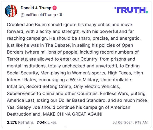 Biden Should Ignore Critics, Move Forward With ‘Powerful Campaign’ Says Trump in Trolling Truth Social Post